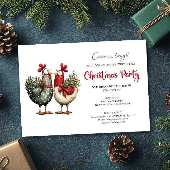 Convites de festa de Natal de desenho animado de g (Whimsical Chickens Cartoon Christmas Party Invitation)