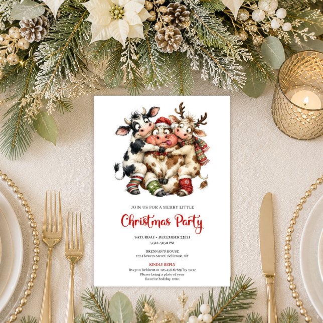 Convites de Festa de Natal de Vacas Divertidas e E (Playful Funny Cows Holiday Christmas Party Invitation

)