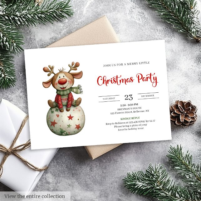Convites de festa de Natal em aquarela com Rena di (Funny Reindeer festive watercolor holiday invitation)
