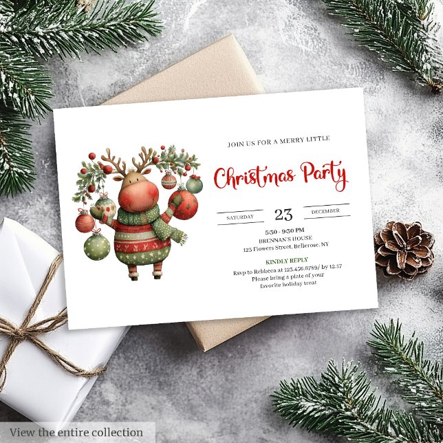 Convites de festa de Natal em aquarela de rena exc (Quirky Reindeer watercolor holiday party invitation)