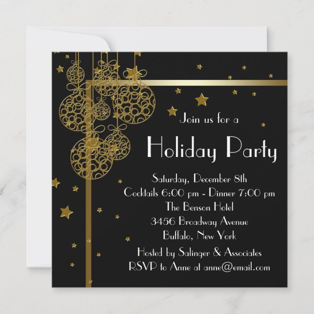 Convites de festa de Natal em preto e dourado eleg (Frente)