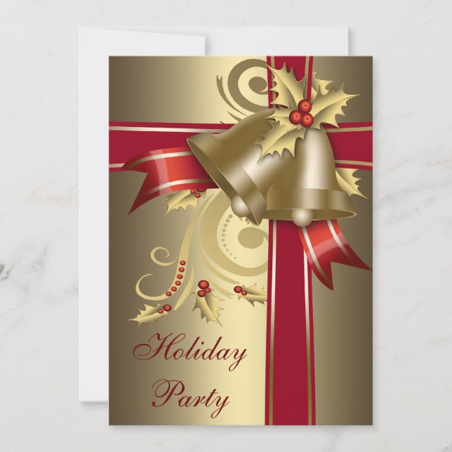 Convites de Festa de Natal Red & Gold Holly Bells  (Frente)