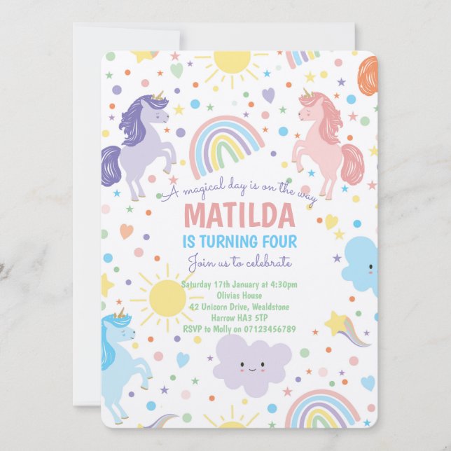Convites de Festa de Unicórnios Lindos (Frente)