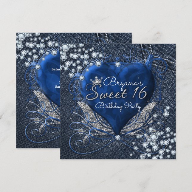 Convites de festa Denim & Diamonds Heart Sweet 16 (Frente/Verso)