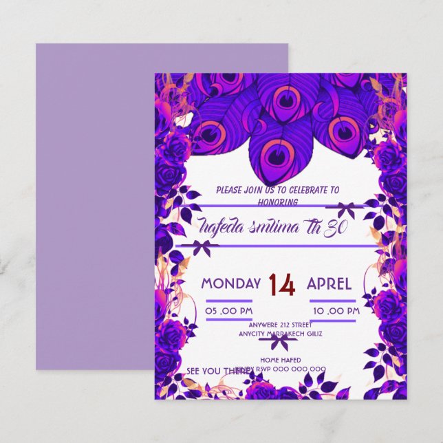 Convites de festa editáveis Brilho de pena de pavã (Frente/Verso)