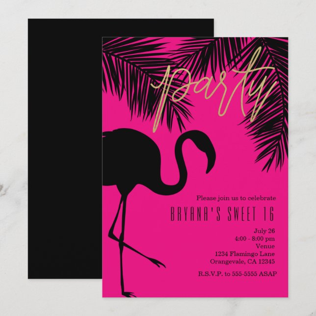 Convites de festa Flamingo e Palmeira Rosa e Preto (Frente/Verso)