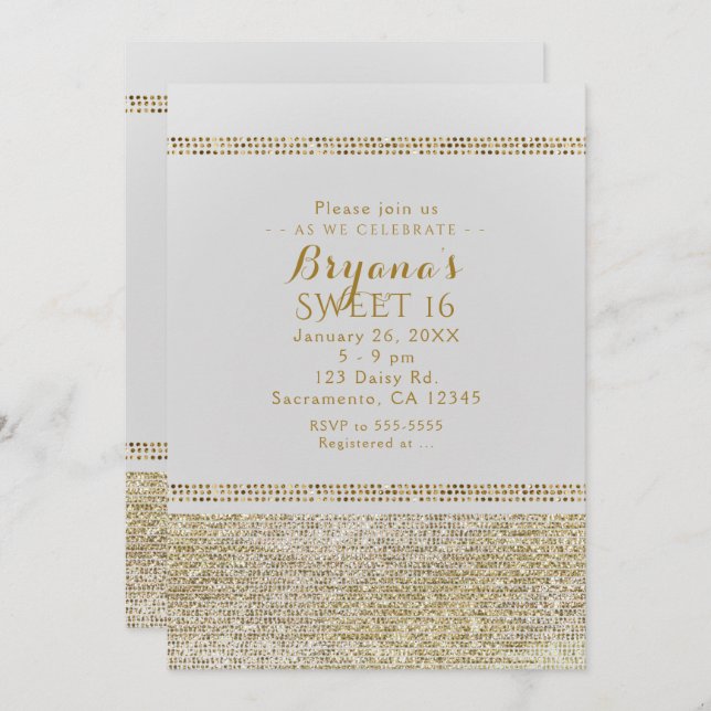 Convites de festa Glam Chic Dourado Brilhante e Br (Frente/Verso)