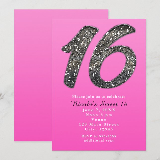 Convites de festa glitter prata Sweet 16 rosa (Frente/Verso)