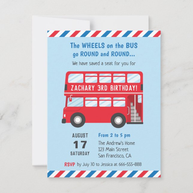Convites de Festa Infantil Ônibus Vermelho de Dois (Frente)