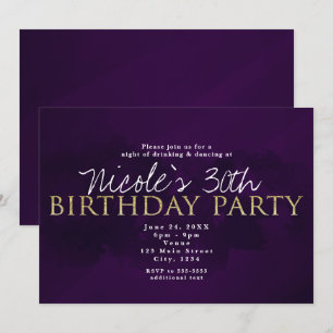 Convites de Festa Modernos Glam Purple Black & Gol