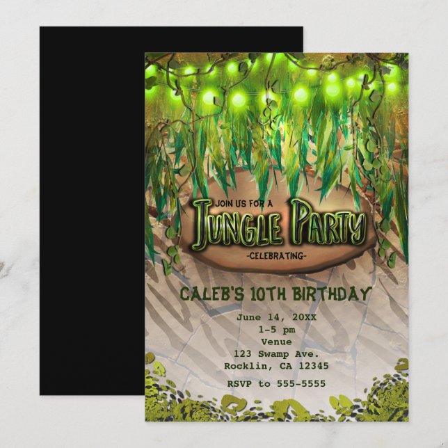 Convites de Festa na JUNGLE com Folhas e Estampas  (Frente/Verso)