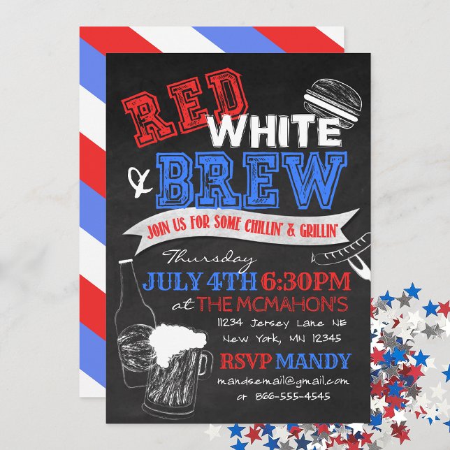 Convites de festa no quadro-negro Vermelho Branco  (Red, White & Brew Chalkboard Invitation)