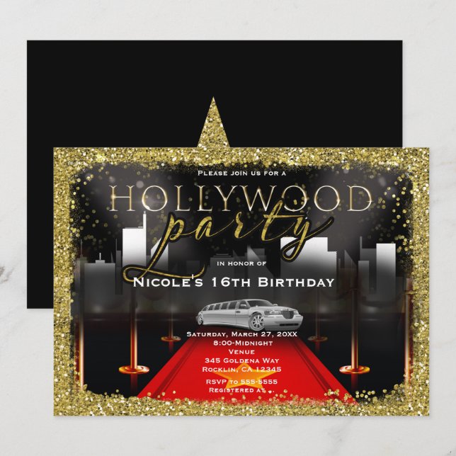 Convites de festa no tapete vermelho da Hollywood  (Frente/Verso)