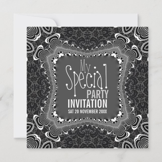 Convites de festa preto e branco Groovy Damask Twi (Frente)