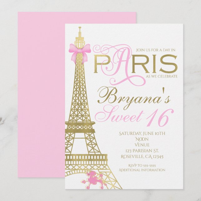 Convites de Festa Rosa e Dourado Elegantes Paris C (Frente/Verso)