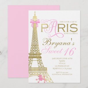 Convites de Festa Rosa e Dourado Elegantes Paris C