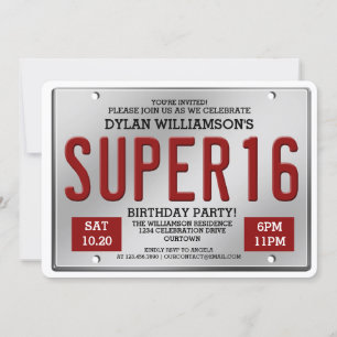 Convites de festa Super 16 com Placa Vermelha