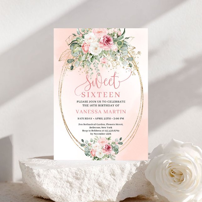 Convites de Festa Sweet 16 Princesa Floral Beige D (Floral Princess Blush Gold Sweet 16 Party Invitation)