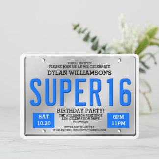 Convites de festas Blue License Plate Super 16