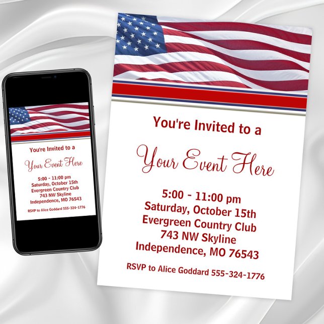 Convites de festas da campanha eleitoral (Patriotic USA flag any occasion invitation. Instant download and printed invitations available.)