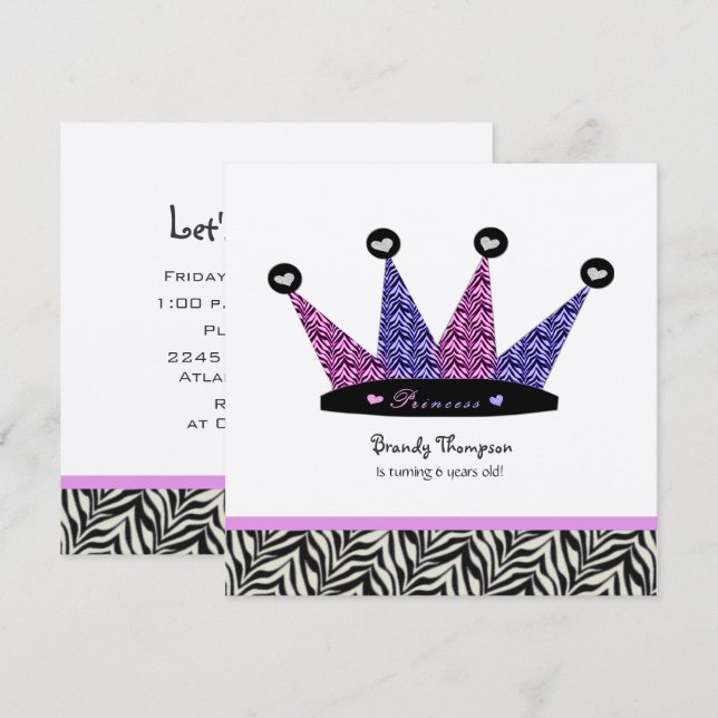 Convites de festas da Princesa Zebra (Frente/Verso)