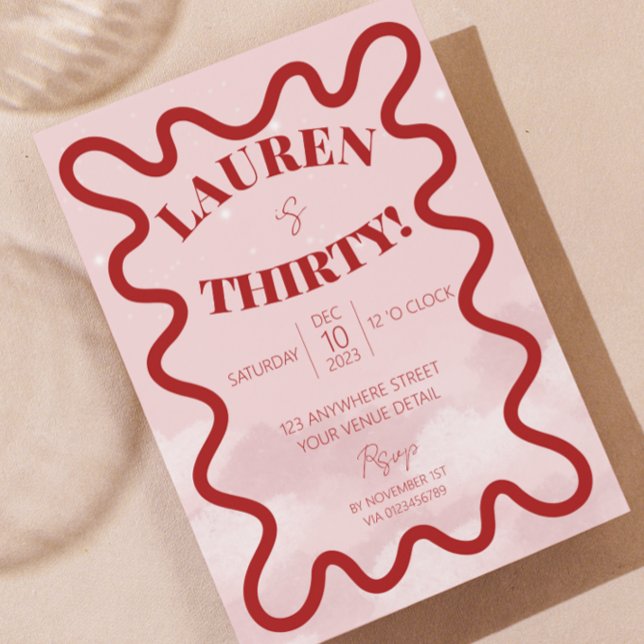 Convites de festas de aniversário de 30 anos de on (scallop edge wave border 30th birthday party invite red and pink)