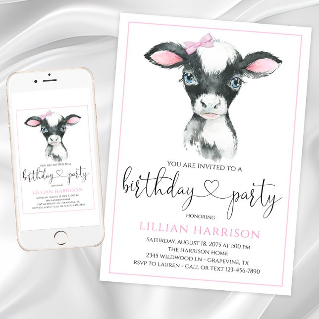 Convites de festas de aniversários de Fazenda de V (Girl cow birthday party invitations with adorable calf. Digital files and printed are available.)