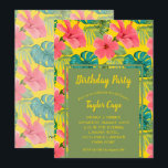 Convites de festas de aniversários de flores exóti<br><div class="desc">Flores de hibisco exóticas, folhas de monstera e frondes de palma num fundo amarelo brilhante, perfeitas para convites de festas de aniversários QUALQUER ANO para adultos, lúau, convites de festas de Verão ou qualquer outra ocasião, basta mudar a redação para ajustado do seu evento. COORDENANDO convites, pratos, guardanapos, sacos de...</div>