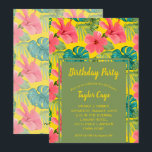 Convites de festas de aniversários de flores exóti<br><div class="desc">Flores de hibisco exóticas, folhas de monstera e frondes de palma num fundo amarelo brilhante, perfeitas para convites de festas de aniversários QUALQUER ANO para adultos, lúau, convites de festas de Verão ou qualquer outra ocasião, basta mudar a redação para ajustado do seu evento. COORDENANDO convites, pratos, guardanapos, sacos de...</div>