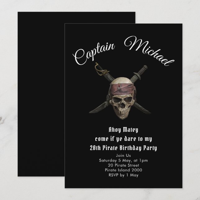 Convites de festas de aniversários piratas Jolly R (Frente/Verso)