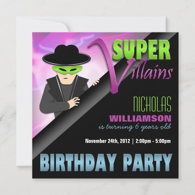 Convites de festas de aniversários Super Villains (Frente)
