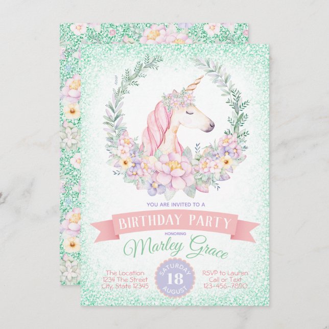 Convites de festas de aniversários Unicorn Cute Co (Frente/Verso)