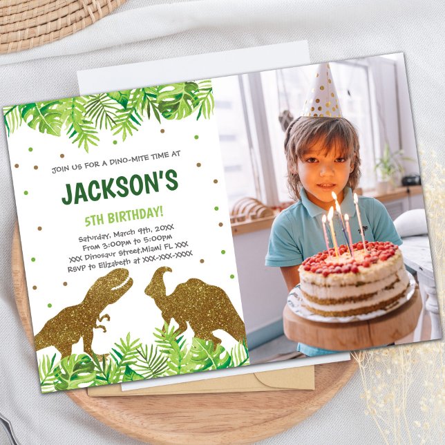 Convites de festas de dinossauro personalizáveis p (Photo Green Dinosaur Birthday Invitations)