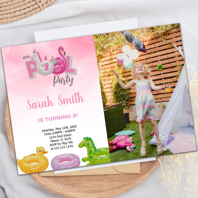 Convites de festas de diversão personalizáveis par (Unicorn Flamingo Pool Birthday Invitations photo)