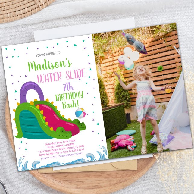 Convites de festas de diversão personalizáveis par (Green Pink Water Slide Birthday Invitations photo)