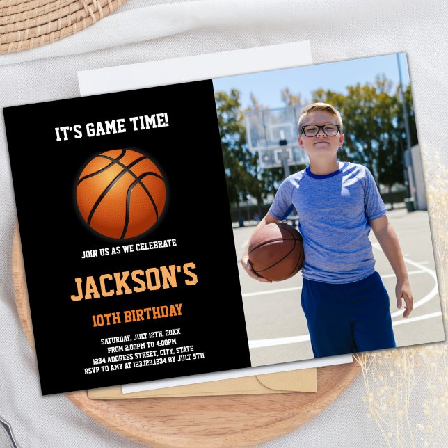 Convites de festas de diversão personalizáveis par (Basketball Ball Birthday Invitations with photo)