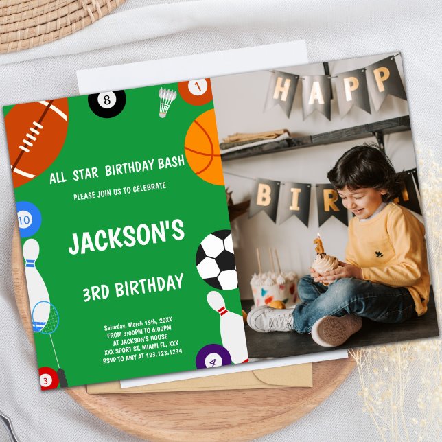 Convites de festas de diversão personalizáveis par (Green Sports Birthday Invitations with photo)