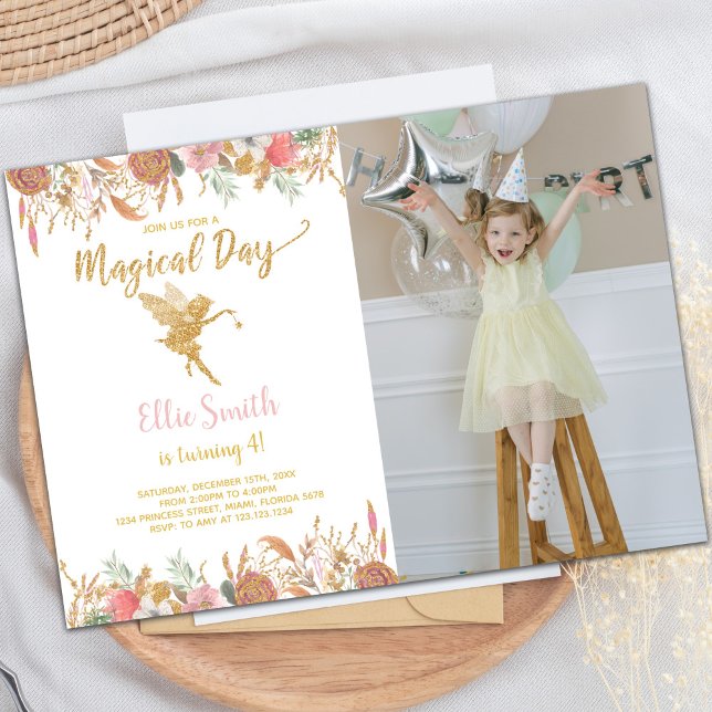 Convites de festas de Fada Personalizáveis para Cr (Glitter Floral Fairy Birthday Invitations w photo)