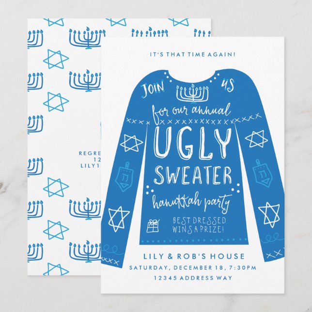 Convites de festas de Hanukkah Festivos Ugly Sweat (Frente/Verso)