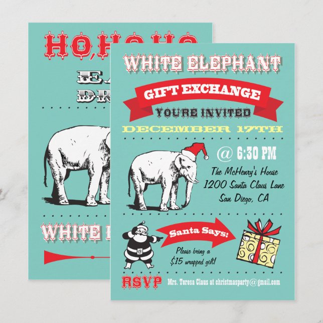 Convites de festas de Natal de Elefante Branco Ret (Frente/Verso)