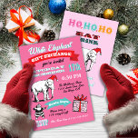 Convites de festas de Natal de Elefante Branco Ret<br><div class="desc">Convites de festas de troca de presentes de Natal super divertidos com o velho Papai Noel e a arte de clipe de Elefante com gráficos e fontes de excelente em um fundo cor-de-rosa feito no estilo poster. Botas decoradas para a festa de Natal do Elefante Branco e legal. Para fazer...</div>