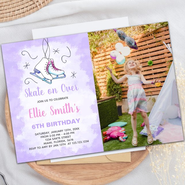 Convites de festas de patinação personalizáveis pa (Purple Ice Skating Birthday Invitations with photo)