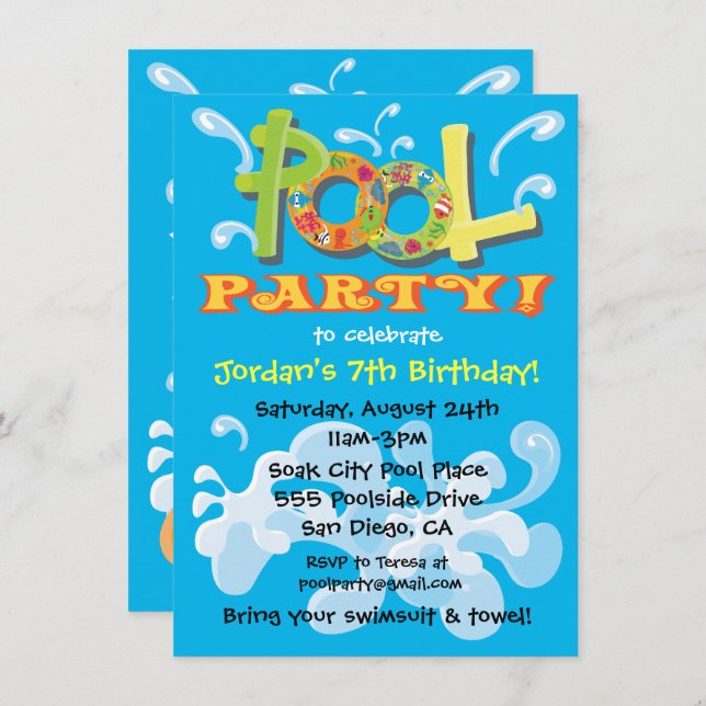 Convites de festas de Piscina coloridas (Frente/Verso)