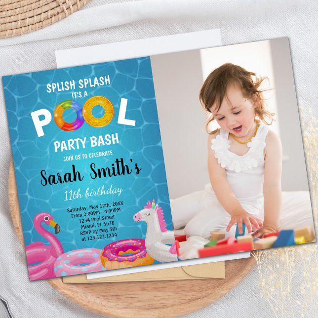 Convites de festas de Piscina personalizáveis para (Water Pool Birthday Invitations with photo)