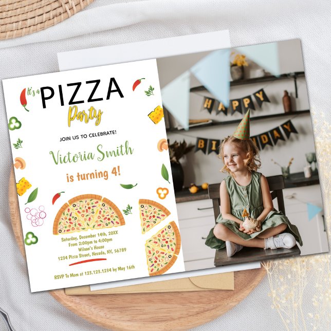 Convites de festas de pizza personalizáveis para c (Chili Pizza Birthday Invitations with photo)