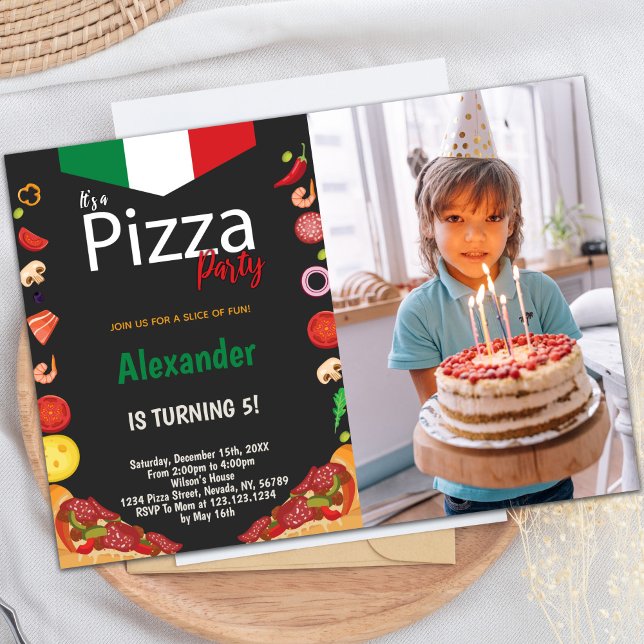 Convites de festas de pizza personalizáveis para c (Pizza Birthday Party Invitations with photo)