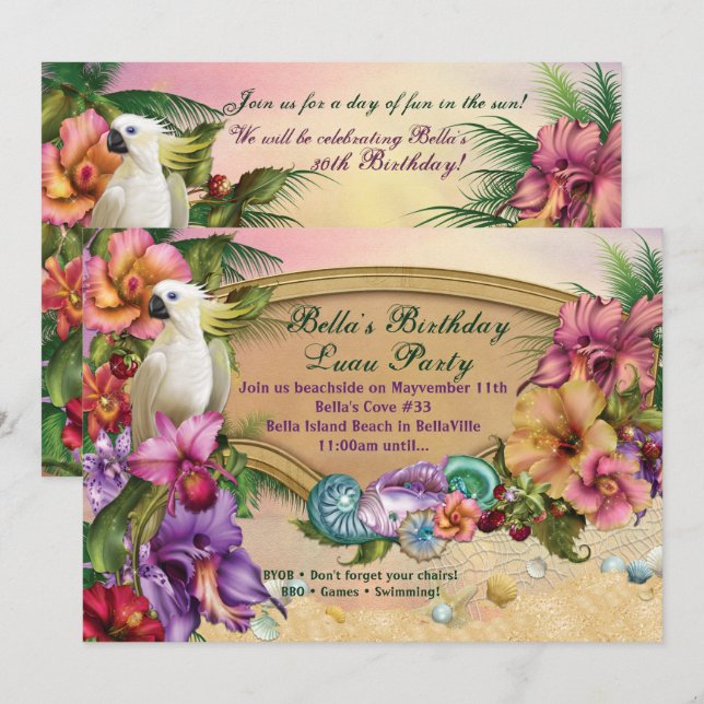 Convites de festas de Praia e Luau (Frente/Verso)