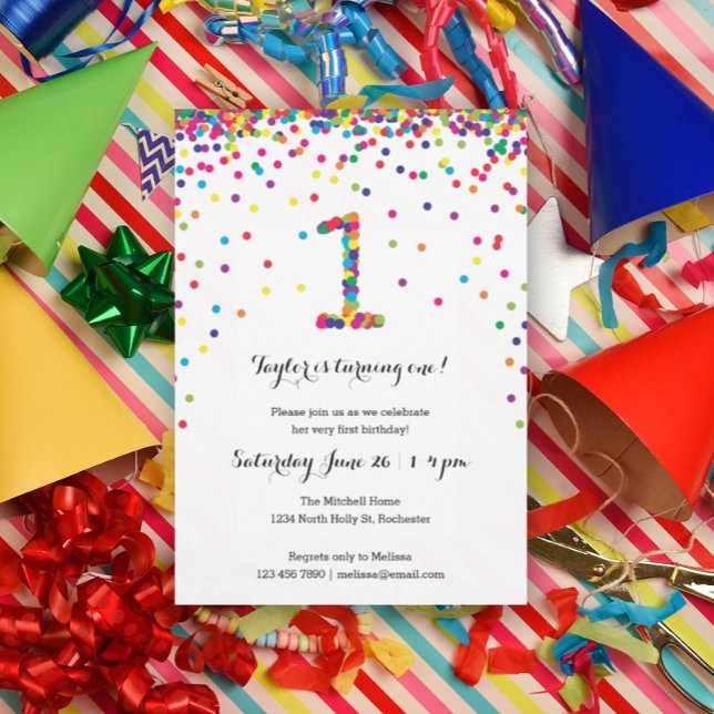Convites de festas de primeiro aniversario Confett (Rainbow confetti for your kiddo's first birthday party!)