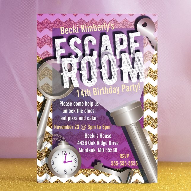 Convites de festas de Sala de Fuga de Falha Cintil (Glitter Escape Room Party Invitations)