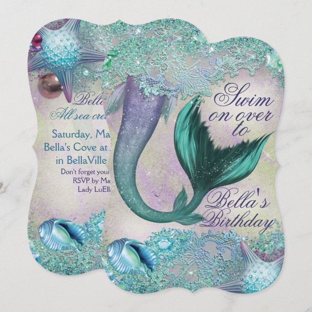 Convites de festas de Sereia Mágica (Frente/Verso)